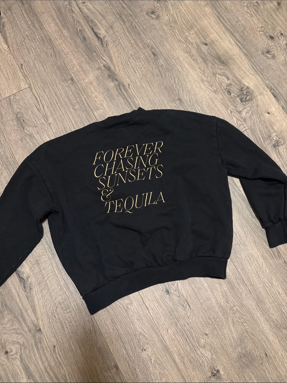 Tan Lines Black Crewneck Sweatshirt Forever Chasing Sunsets & Tequila medium